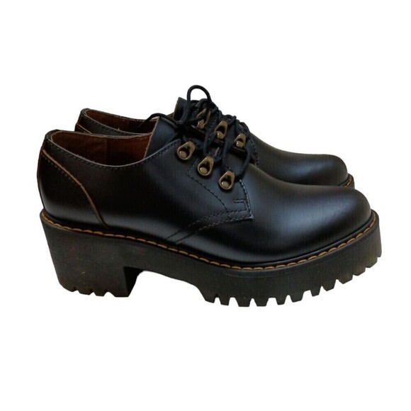 DR MARTENS Leona Vintage Smooth Leather Lug Sole Platform Heels Shoe Black NIB - Picture 1 of 14